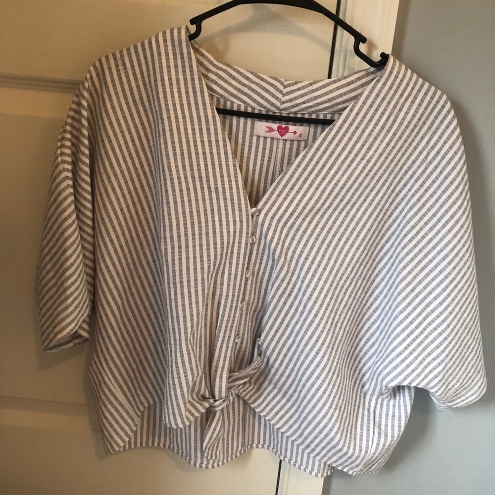 Buddylove cropped grey & white pin stripe top